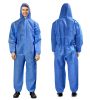 Blue Disposable Coveralls with Hood, Large. SMS Painters Suit with Elastic Cuffs & Ankles
