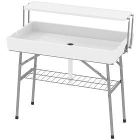 3.5ft Folding Ice Cooler Table with Drain, 2-Tier Outdoor Patio Party Cooler, Fishing Cleaning Table with Storage Shelf for Picnic BBQ Camping Wedding