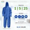 Blue Disposable Coveralls with Hood, Large. SMS Painters Suit with Elastic Cuffs & Ankles