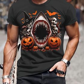 Men's Casual Polyester Round Neck T-shirt With 3D Shark And Halloween Pumpkin Patterns, Fitted Knit Fabric, Slightly Elastic (Color: Black, size: XL)