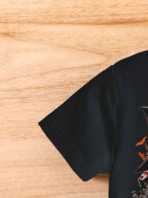 Men's Casual Polyester Round Neck T-shirt With 3D Shark And Halloween Pumpkin Patterns, Fitted Knit Fabric, Slightly Elastic (Color: Black, size: S)