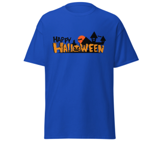 Happy Halloween spooky house unisex t-shirt merchyprint blue ,size medium (Color: Blue, size: L)