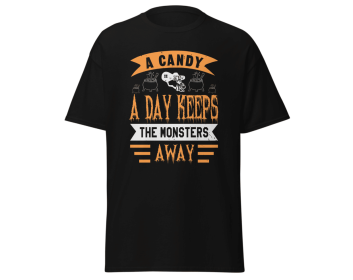 A candy a day keeps the monsters away halloween t-shirt design blue , size medium (Color: Black, size: M)