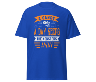 A candy a day keeps the monsters away halloween t-shirt design blue , size medium (Color: Blue, size: M)