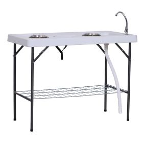 Outsunny Folding Fish Cleaning Table with Sink, Portable Camping Table with Faucet Drainage Hose, Grid Rack and Fish Cleaning Kit for Picnic, Fishing (Color: as Pic)